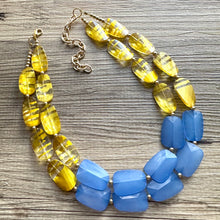 Load image into Gallery viewer, Gold &amp; Blue Big Bead Necklace, multi Strand Statement Jewelry, layered chain Chunky bib, bridesmaid necklace beaded painted yellow