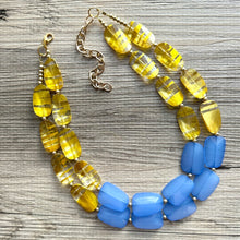Load image into Gallery viewer, Gold &amp; Blue Big Bead Necklace, multi Strand Statement Jewelry, layered chain Chunky bib, bridesmaid necklace beaded painted yellow