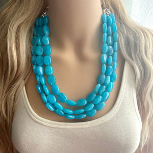 Caribbean Blue 3 strand Beaded Statement Necklace, Chunky Bib Multi-Strand Jewelry, blue drop earrings, neutral necklace turquoise aqua