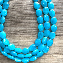 Load image into Gallery viewer, Caribbean Blue 3 strand Beaded Statement Necklace, Chunky Bib Multi-Strand Jewelry, blue drop earrings, neutral necklace turquoise aqua