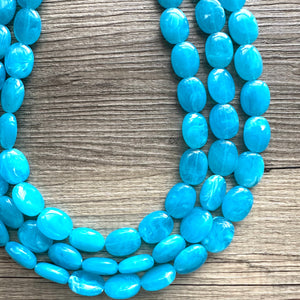 Caribbean Blue 3 strand Beaded Statement Necklace, Chunky Bib Multi-Strand Jewelry, blue drop earrings, neutral necklace turquoise aqua