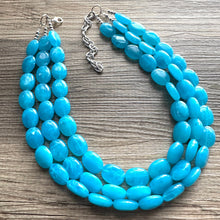 Load image into Gallery viewer, Caribbean Blue 3 strand Beaded Statement Necklace, Chunky Bib Multi-Strand Jewelry, blue drop earrings, neutral necklace turquoise aqua