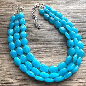 Caribbean Blue 3 strand Beaded Statement Necklace, Chunky Bib Multi-Strand Jewelry, blue drop earrings, neutral necklace turquoise aqua