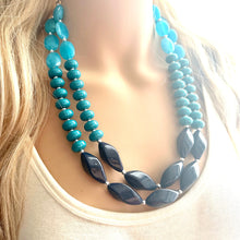 Load image into Gallery viewer, Turquoise &amp; Navy Blue Boulevard double strand OOAK statement Necklace, Aqua Beaded Necklace, summer jewelry purple silver navy blue