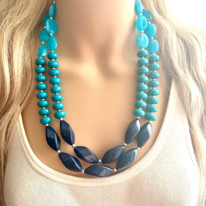 Turquoise & Navy Blue Boulevard double strand OOAK statement Necklace, Aqua Beaded Necklace, summer jewelry purple silver navy blue