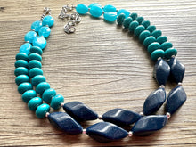 Load image into Gallery viewer, Turquoise &amp; Navy Blue Boulevard double strand OOAK statement Necklace, Aqua Beaded Necklace, summer jewelry purple silver navy blue