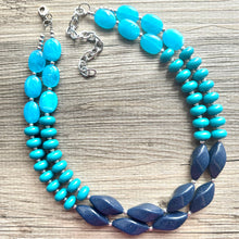 Load image into Gallery viewer, Turquoise &amp; Navy Blue Boulevard double strand OOAK statement Necklace, Aqua Beaded Necklace, summer jewelry purple silver navy blue