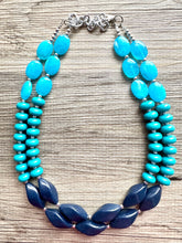 Load image into Gallery viewer, Turquoise &amp; Navy Blue Boulevard double strand OOAK statement Necklace, Aqua Beaded Necklace, summer jewelry purple silver navy blue