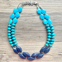 Load image into Gallery viewer, Turquoise &amp; Navy Blue Boulevard double strand OOAK statement Necklace, Aqua Beaded Necklace, summer jewelry purple silver navy blue