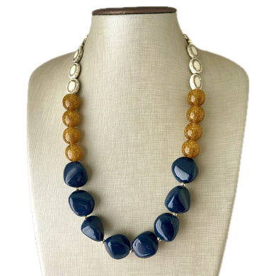 Nautical Chunky Statement Necklace, Big beaded jewelry, Single Strand Statement Necklace, navy blue an cream, gold navy necklace, white gold