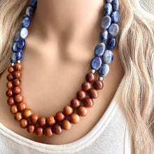 Load image into Gallery viewer, 2 Strand Wood Beaded Necklace, blue gray silver brown Jewelry Chunky statement necklace, big beaded necklace jewelry, natural earrings