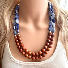 Load image into Gallery viewer, 2 Strand Wood Beaded Necklace, blue gray silver brown Jewelry Chunky statement necklace, big beaded necklace jewelry, natural earrings