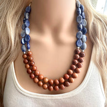 Load image into Gallery viewer, 2 Strand Wood Beaded Necklace, blue gray silver brown Jewelry Chunky statement necklace, big beaded necklace jewelry, natural earrings