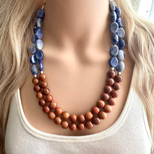 2 Strand Wood Beaded Necklace, blue gray silver brown Jewelry Chunky statement necklace, big beaded necklace jewelry, natural earrings