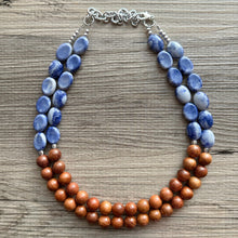 Load image into Gallery viewer, 2 Strand Wood Beaded Necklace, blue gray silver brown Jewelry Chunky statement necklace, big beaded necklace jewelry, natural earrings