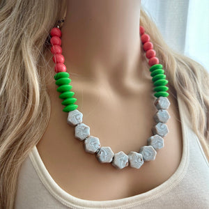 Single Strand Light Blue Big Beaded Statement Necklace, Kelly green Jewelry, coral pink beaded necklace, blue beaded bridesmaid earrings