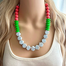 Load image into Gallery viewer, Single Strand Light Blue Big Beaded Statement Necklace, Kelly green Jewelry, coral pink beaded necklace, blue beaded bridesmaid earrings