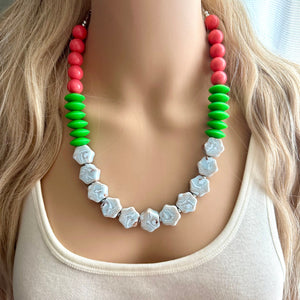 Single Strand Light Blue Big Beaded Statement Necklace, Kelly green Jewelry, coral pink beaded necklace, blue beaded bridesmaid earrings