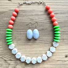 Load image into Gallery viewer, Single Strand Light Blue Big Beaded Statement Necklace, Kelly green Jewelry, coral pink beaded necklace, blue beaded bridesmaid earrings