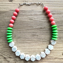 Load image into Gallery viewer, Single Strand Light Blue Big Beaded Statement Necklace, Kelly green Jewelry, coral pink beaded necklace, blue beaded bridesmaid earrings