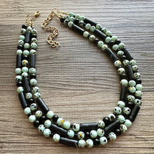 Load image into Gallery viewer, Mint Chocolate Chip Statement Necklace, Green beaded chunky bib jewelry, gold mint dyed necklace, brown green necklace, neutral necklace