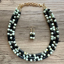 Load image into Gallery viewer, Mint Chocolate Chip Statement Necklace, Green beaded chunky bib jewelry, gold mint dyed necklace, brown green necklace, neutral necklace