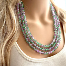 Load image into Gallery viewer, Purple &amp; Green Ombré Necklace, 3 strand bright jewelry, glass big beaded chunky statement lavender purple mint green crackle
