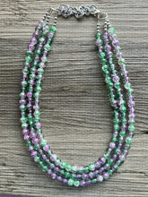 Load image into Gallery viewer, Purple &amp; Green Ombré Necklace, 3 strand bright jewelry, glass big beaded chunky statement lavender purple mint green crackle
