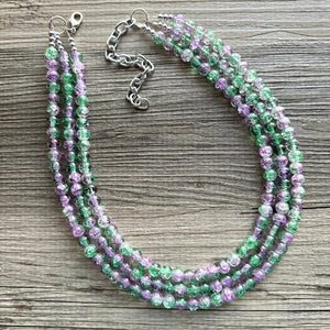 Purple & Green Ombré Necklace, 3 strand bright jewelry, glass big beaded chunky statement lavender purple mint green crackle
