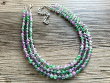 Load image into Gallery viewer, Purple &amp; Green Ombré Necklace, 3 strand bright jewelry, glass big beaded chunky statement lavender purple mint green crackle