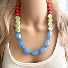 Load image into Gallery viewer, Single Strand Light Blue Big Beaded Statement Necklace, light green Jewelry, coral pink beaded necklace, blue beaded bridesmaid aqua