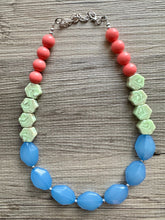 Load image into Gallery viewer, Single Strand Light Blue Big Beaded Statement Necklace, light green Jewelry, coral pink beaded necklace, blue beaded bridesmaid aqua