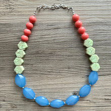 Load image into Gallery viewer, Single Strand Light Blue Big Beaded Statement Necklace, light green Jewelry, coral pink beaded necklace, blue beaded bridesmaid aqua