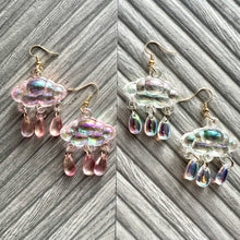 Load image into Gallery viewer, Rainbow Cloud in Resin drop Earrings, Gold drop Earrings shiny jewelry earrings metal geometric sparkle rainstorm weather blush pink holiday