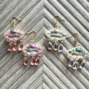 Rainbow Cloud in Resin drop Earrings, Gold drop Earrings shiny jewelry earrings metal geometric sparkle rainstorm weather blush pink holiday