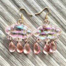 Load image into Gallery viewer, Rainbow Cloud in Resin drop Earrings, Gold drop Earrings shiny jewelry earrings metal geometric sparkle rainstorm weather blush pink holiday