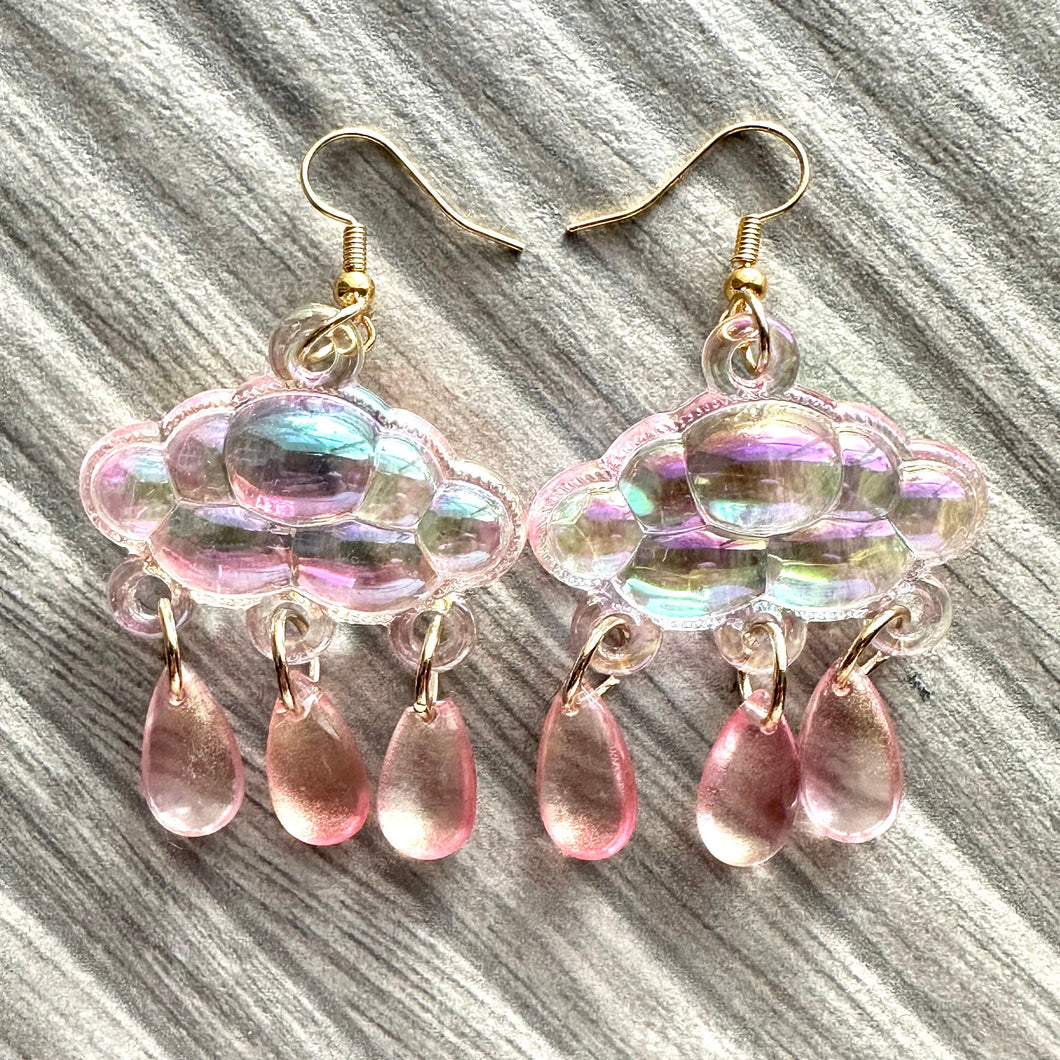 Rainbow Cloud in Resin drop Earrings, Gold drop Earrings shiny jewelry earrings metal geometric sparkle rainstorm weather blush pink holiday