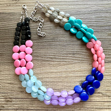 Load image into Gallery viewer, Color Block 3 Strand Statement Necklace, Chunky Jewelry Big Beaded Necklace, coral blue black gray, bead bubble pink peach earrings