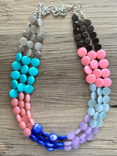 Load image into Gallery viewer, Color Block 3 Strand Statement Necklace, Chunky Jewelry Big Beaded Necklace, coral blue black gray, bead bubble pink peach earrings