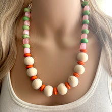 Load image into Gallery viewer, Country Club Big Bead Necklace, single Strand Statement Jewelry, Wood Orange Chunky bib bridesmaid everyday bubble, gifts women pink green