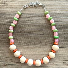 Load image into Gallery viewer, Country Club Big Bead Necklace, single Strand Statement Jewelry, Wood Orange Chunky bib bridesmaid everyday bubble, gifts women pink green