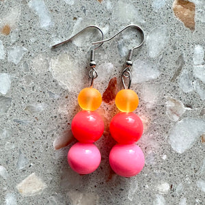 Pink Coral Orange earrings, neon rainbow jewelry, silver geometric earrings pierced dangle drop Statement color block neon