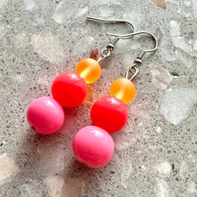 Load image into Gallery viewer, Pink Coral Orange earrings, neon rainbow jewelry, silver geometric earrings pierced dangle drop Statement color block neon