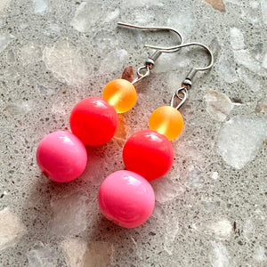 Pink Coral Orange earrings, neon rainbow jewelry, silver geometric earrings pierced dangle drop Statement color block neon