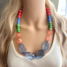 Load image into Gallery viewer, Single Strand Light Blue Big Beaded Long Statement Necklace, Kelly green Jewelry, coral pink beaded, blue beaded bridesmaid earrings