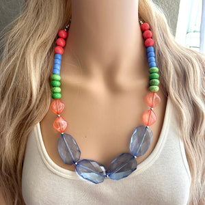 Single Strand Light Blue Big Beaded Long Statement Necklace, Kelly green Jewelry, coral pink beaded, blue beaded bridesmaid earrings