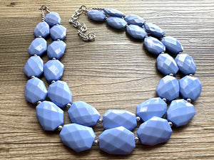 Periwinkle Sky Double Strand Statement Necklace, Chunky pale blue Oval Beaded Bib Jewelry earrings, blue jewelry set, baby purple jewelry