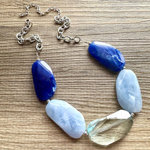 Blue Ombré Beaded Chunky Statement Necklace, aqua blue necklace, single silver beaded wedding, bridesmaid jewelry baby blue turquoise