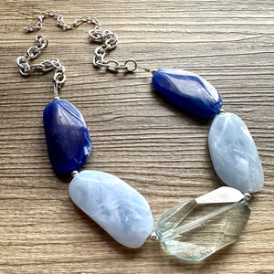 Blue Ombré Beaded Chunky Statement Necklace, aqua blue necklace, single silver beaded wedding, bridesmaid jewelry baby blue turquoise