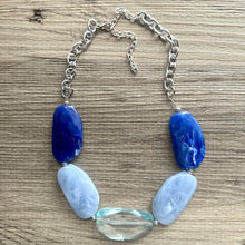 Load image into Gallery viewer, Blue Ombré Beaded Chunky Statement Necklace, aqua blue necklace, single silver beaded wedding, bridesmaid jewelry baby blue turquoise
